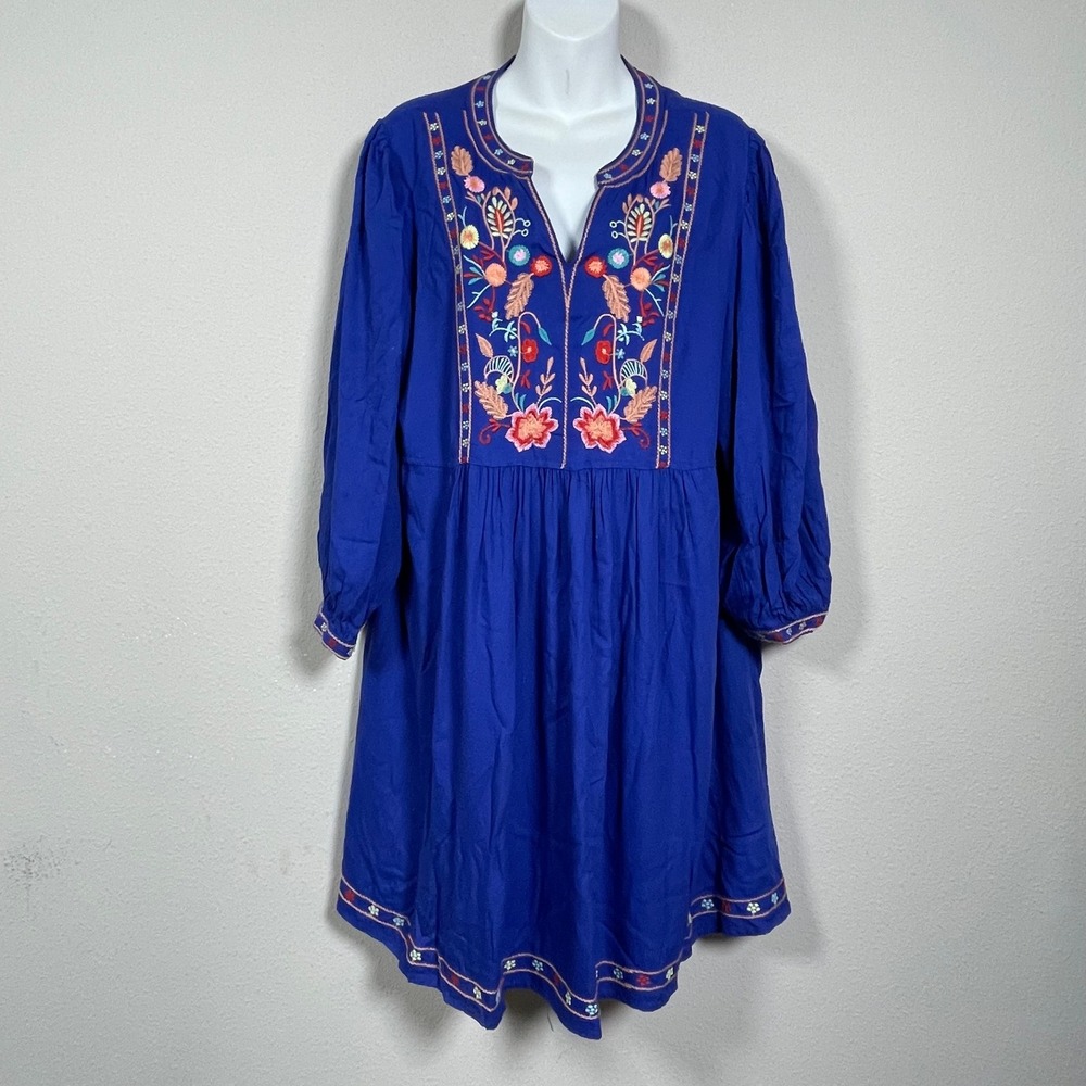 Solitaire Embroidered Babydoll Dress Women L Blue Boho Floral Rayon Cottagecore